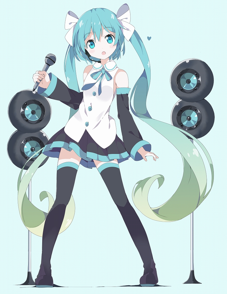 00s 1girl :o aqua_eyes aqua_hair bangs bare_shoulders black_footwear black_legwear black_skirt blue_background blush boots bow bowtie detached_sleeves eyebrows_visible_through_hair full_body gradient_hair green_hair hair_between_eyes hair_ribbon hatsune_miku head_tilt headset heart holding holding_microphone long_hair long_sleeves looking_at_viewer matching_hair/eyes microphone multicolored_hair open_mouth parted_lips pleated_skirt ribbon skirt solo speaker standing tantan_men_(dragon) thigh-highs thigh_boots twintails very_long_hair vocaloid wide_sleeves