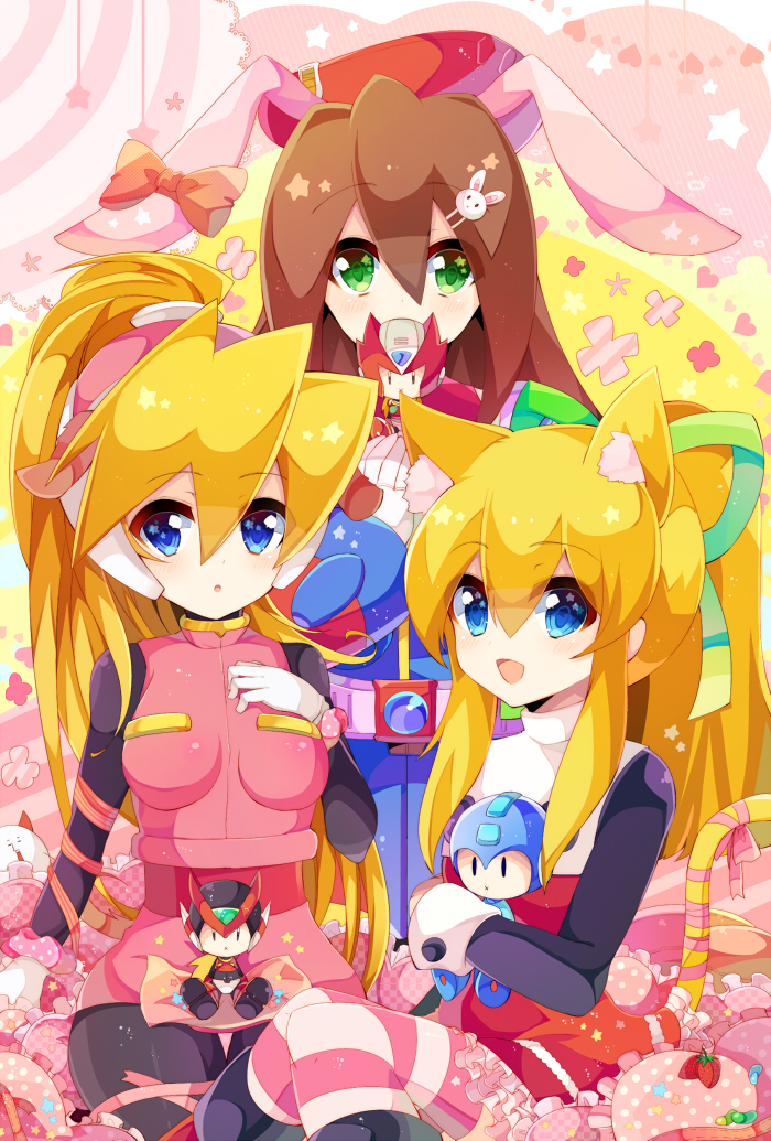 3boys 3girls animal_ears animal_hair_ornament bangs belt beret blonde_hair blue_eyes bodystocking bow breasts brown_hair capcom cat_ears cat_tail character_doll child ciel_(rockman) dog_ears doll dress ear_ribbon eyebrows_visible_through_hair gloves green_eyes green_ribbon hair_between_eyes hair_ornament hair_ribbon hairclip hand_on_own_chest hat heart high_ponytail holding holding_doll inti_creates iris_(rockman_x) long_hair long_sleeves looking_at_viewer looking_to_the_side medium_breasts multiple_boys multiple_girls open_mouth ponytail rabbit_ears red_hat rento_(rukeai) ribbon rockman rockman_(character) rockman_(classic) rockman_8 rockman_x4 rockman_zero sidelocks sitting skirt smile star tail very_long_hair white_gloves zero_(rockman)