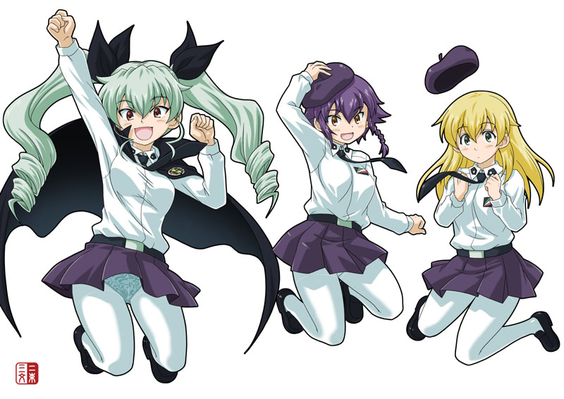 3girls :d anchovy anzio_(emblem) anzio_school_uniform arm_up bangs belt beret black_belt black_cape black_footwear black_hair black_hat black_neckwear black_ribbon black_skirt blonde_hair braid brown_eyes cape carpaccio clenched_hands closed_mouth commentary_request dress_shirt drill_hair emblem eyebrows_visible_through_hair girls_und_panzer green_eyes green_hair hair_ribbon hand_on_headwear hat hat_removed headwear_removed jumping loafers long_hair long_sleeves looking_at_viewer miniskirt muichimon multiple_girls necktie open_mouth panties panties_under_pantyhose pantyhose pantyshot_(jumping) pepperoni_(girls_und_panzer) pleated_skirt red_eyes ribbon school_uniform shirt shoes short_hair side_braid simple_background skirt smile twin_drills twintails underwear watermark white_background white_legwear white_shirt
