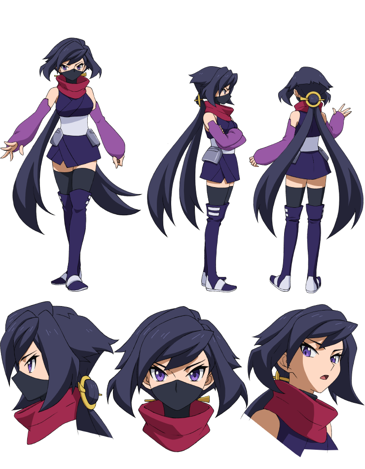 1girl ayame_(gundam_build_divers) black_hair black_legwear boots breasts covered_mouth elbow_gloves face_mask fingerless_gloves gloves gundam gundam_build_divers japanese_clothes knee_boots long_hair mask mask_removed medium_breasts multiple_views ninja official_art ponytail scarf thigh-highs very_long_hair violet_eyes zettai_ryouiki