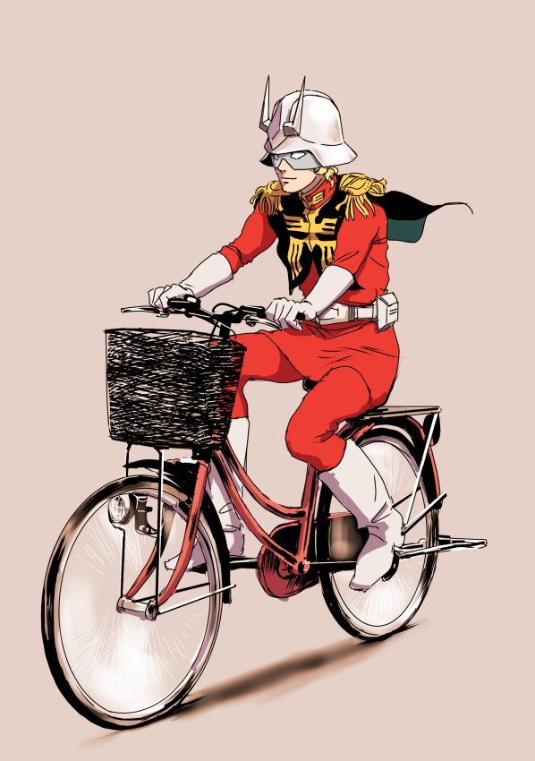 1boy bicycle capelet char_aznable gloves grey_background ground_vehicle gundam helmet mask mobile_suit_gundam riding simple_background smile solo teikoku_jokyoku uniform