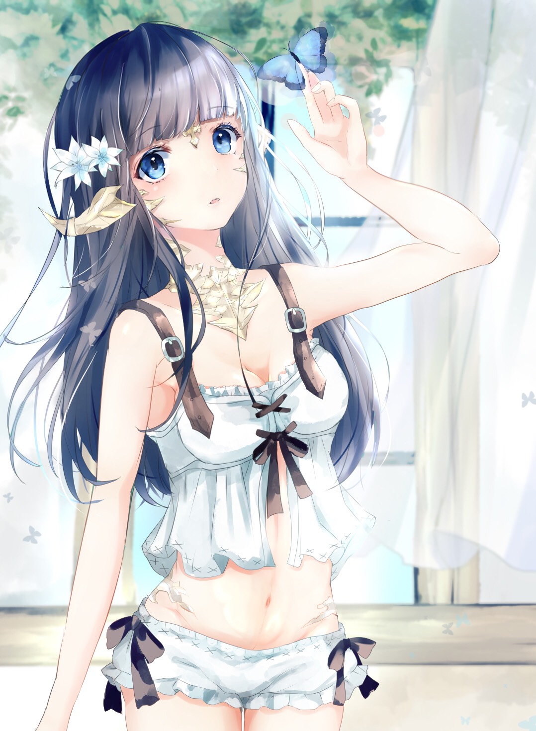1girl animal_ears arm_up au_ra aura_(wild_arms) bangs bare_shoulders black_hair blue_eyes blunt_bangs breasts bug butterfly butterfly_on_hand cat_ears cleavage eyebrows_visible_through_hair final_fantasy final_fantasy_xiv flower hair_flower hair_ornament highres insect long_hair looking_at_viewer medium_breasts midriff navel outdoors parted_lips sakura_mochiko short_shorts shorts solo window