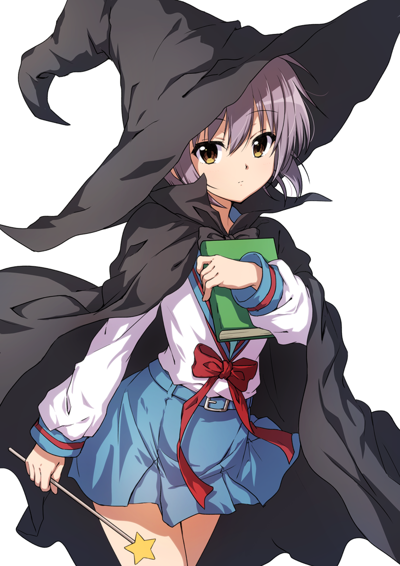 1girl bangs belt_buckle black_cape black_hat blue_belt blue_sailor_collar blue_skirt book bow brown_eyes buckle cape closed_mouth commentary_request cowboy_shot eyebrows_visible_through_hair hair_between_eyes hat holding holding_wand kita_high_school_uniform long_hair long_sleeves matokechi nagato_yuki object_hug purple_hair red_bow sailor_collar school_uniform serafuku shirt short_hair simple_background skirt solo star suzumiya_haruhi_no_yuuutsu wand white_background white_shirt witch_hat