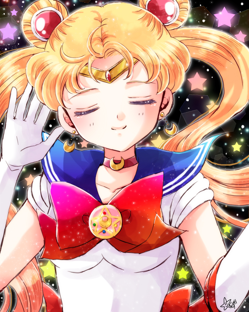 1girl back_bow bishoujo_senshi_sailor_moon black_background blonde_hair blue_sailor_collar bow brooch choker circlet closed_eyes crescent crescent_earrings double_bun earrings elbow_gloves facing_viewer gloves jewelry kurokuzu_(milkyway792) long_hair magical_girl red_bow red_neckwear sailor_collar sailor_moon sailor_senshi_uniform signature smile solo star starry_background tsukino_usagi twintails upper_body white_gloves