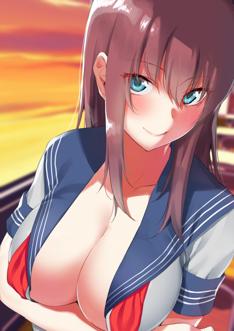 1girl amano_don bangs blue_eyes blush breast_hold breasts brown_hair collarbone eyebrows_visible_through_hair hair_between_eyes large_breasts long_hair looking_at_viewer neckerchief open_clothes open_shirt original sailor_collar sailor_shirt shirt smile solo