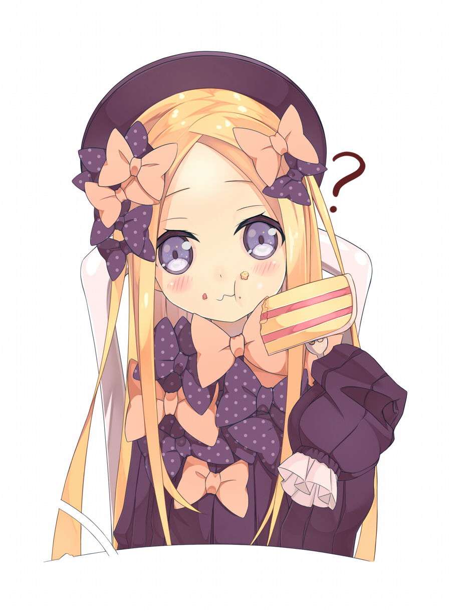 1girl :t ? abigail_williams_(fate/grand_order) aiee bangs black_bow black_dress black_hat blonde_hair blue_eyes blush bow bug butterfly cake chair closed_mouth dress eating fate/grand_order fate_(series) food food_on_face forehead fork hair_bow hat head_tilt highres holding holding_fork insect long_hair long_sleeves looking_at_viewer on_chair orange_bow parted_bangs polka_dot polka_dot_bow simple_background sitting sleeves_past_fingers sleeves_past_wrists slice_of_cake solo very_long_hair wavy_mouth white_background