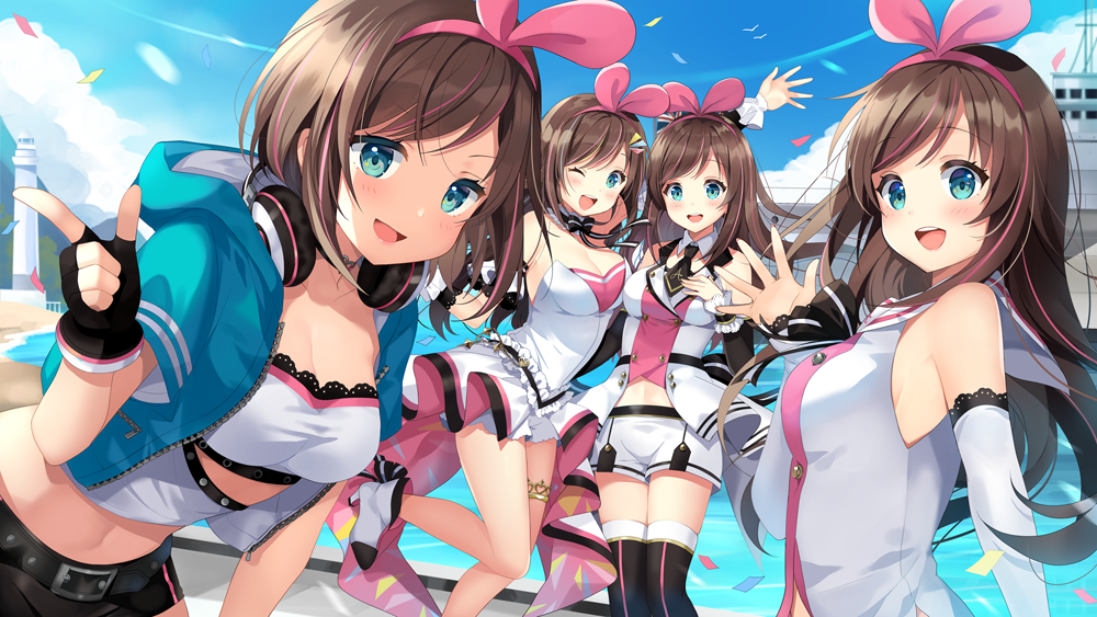 4girls a.i._channel azur_lane bangs bare_shoulders bird blue_eyes blue_sky blush bow bowtie breasts brown_hair clouds commentary_request day detached_collar detached_sleeves double-breasted dress eyebrows_visible_through_hair fingerless_gloves gloves hairband hand_up headphones kizuna_ai kizuna_ai_(anniversary)_(azur_lane) kizuna_ai_(elegant)_(azur_lane) kizuna_ai_(supergamer)_(azur_lane) kurot lace-trimmed_sleeves leg_up long_hair looking_at_viewer medium_breasts multicolored_hair multiple_girls multiple_persona necktie official_art one_eye_closed open_clothes open_dress open_mouth outdoors pink_hair pink_hairband pointing ribbon seagull ship shirt shorts sidelocks sky smile strapless streaked_hair thigh-highs thigh_strap tubetop virtual_youtuber watercraft white_shorts wind