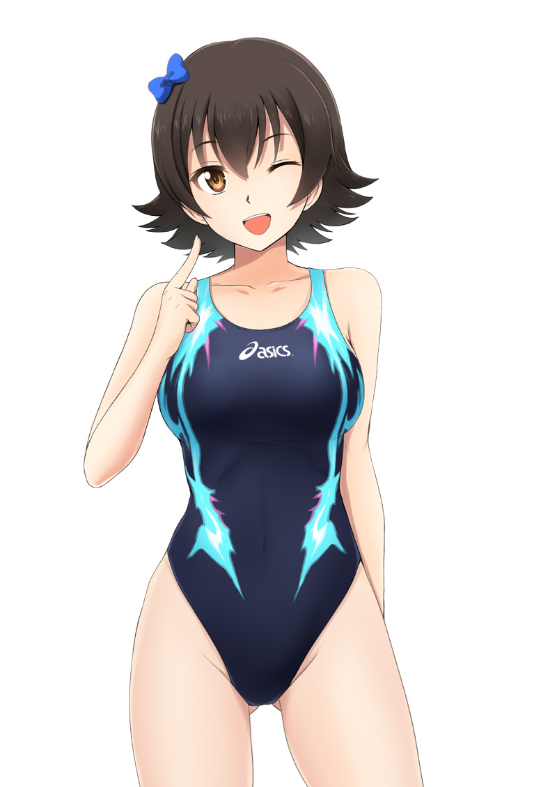 1girl asics ass_visible_through_thighs black_hair black_swimsuit blue_bow bow brown_eyes competition_swimsuit covered_navel cowboy_shot flipped_hair fuuma_nagi hair_bow hair_ornament looking_at_viewer one-piece_swimsuit one_eye_closed open_mouth original short_hair simple_background smile solo standing swimsuit white_background