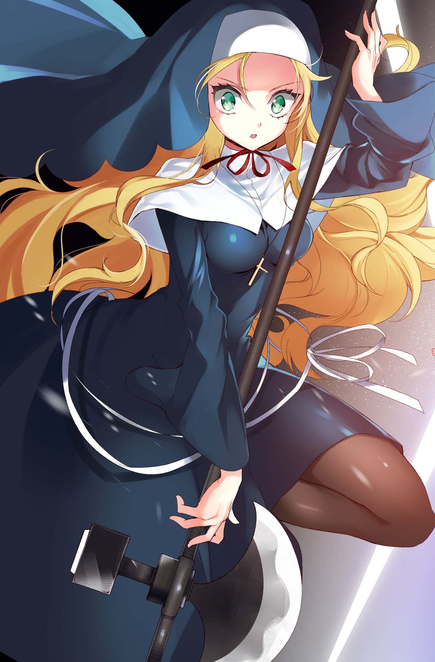 1girl black_dress blonde_hair breasts cross cross_necklace dress floating_hair green_eyes hair_between_eyes highres himawari:_unutopial_world holding holding_weapon jewelry long_dress long_hair manyako_(mohumohu) medium_breasts neck_ribbon necklace nun open_mouth poleaxe red_ribbon ribbon solo very_long_hair weapon