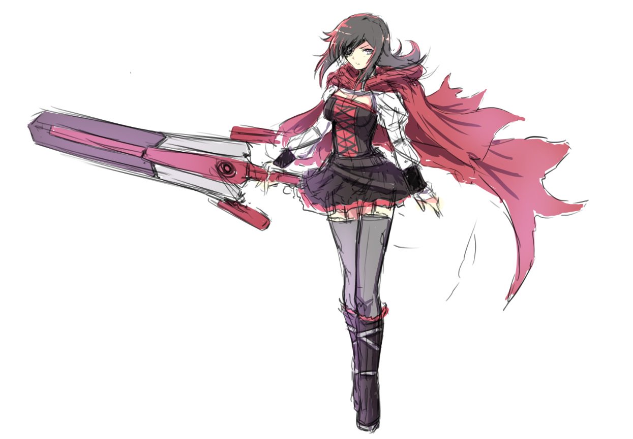 1girl alternate_universe boots cape cat_with_a_brush commentary corset eyepatch long_hair ruby_rose rwby solo sword thigh-highs weapon zweihander