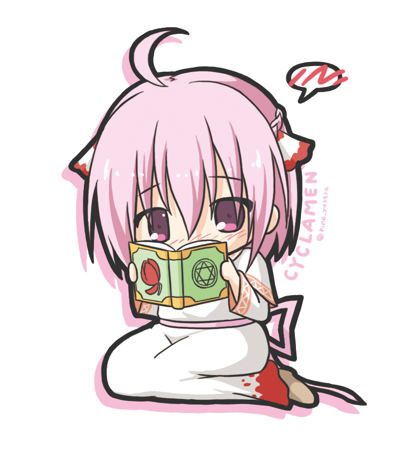 1girl ahoge bangs blush book braid character_name chibi commentary_request covered_mouth cyclamen_(flower_knight_girl) dress eyebrows_visible_through_hair flower_knight_girl hair_between_eyes hair_ribbon head_tilt hexagram holding holding_book long_sleeves looking_at_viewer nose_blush open_book pink_hair ribbon rinechun sitting solo spoken_blush twitter_username violet_eyes white_background white_dress wide_sleeves yokozuwari
