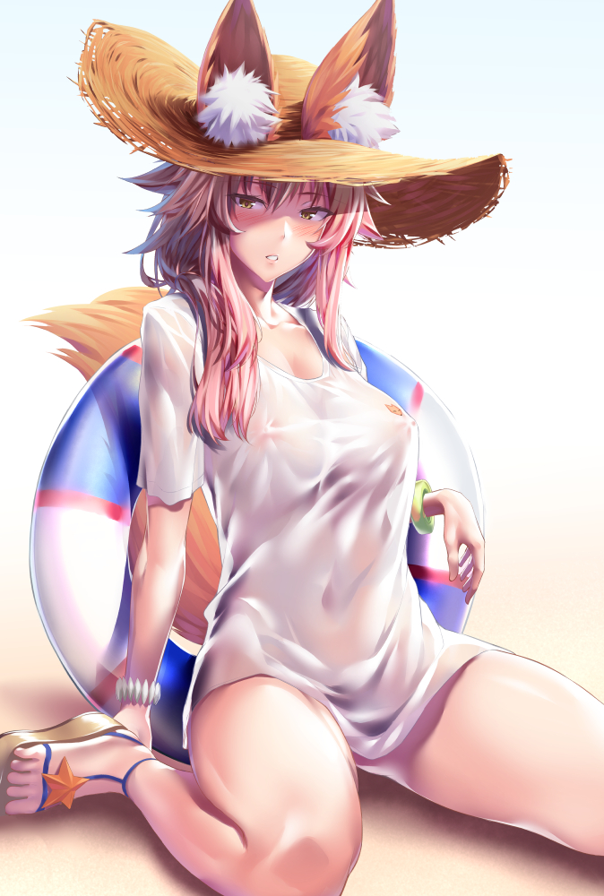 1girl animal_ears blush breasts collarbone ears_through_headwear fate/grand_order fate_(series) fox_ears fox_tail hat innertube large_breasts long_hair looking_at_viewer matsunaga_garana parted_lips pink_hair sandals see-through shirt short_sleeves sitting solo straw_hat swimsuit tail tamamo_(fate)_(all) tamamo_no_mae_(swimsuit_lancer)_(fate) wariza wet wet_clothes wet_shirt white_background white_shirt wristband