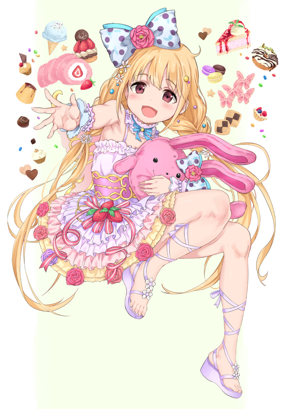 1girl :d armpits bare_shoulders blonde_hair blush bow bracelet braid brown_eyes cake candy candy_hair_ornament checkerboard_cookie chocolate chocolate_heart choker commentary cookie cupcake doughnut dress eyebrows_visible_through_hair flower flower_ornament food food_themed_hair_ornament frilled_dress frills fruit full_body futaba_anzu hair_bow hair_flower hair_ornament heart highres ice_cream idolmaster idolmaster_cinderella_girls idolmaster_cinderella_girls_starlight_stage jewelry long_hair looking_at_viewer low_twintails macaron neck_ribbon open_mouth outstretched_arm polka_dot polka_dot_bow pudding reaching_out ribbon rose sandals simple_background sirurabbit smile solo spaghetti_strap strawberry striped striped_ribbon stuffed_animal stuffed_bunny stuffed_toy sweets twintails wrist_cuffs