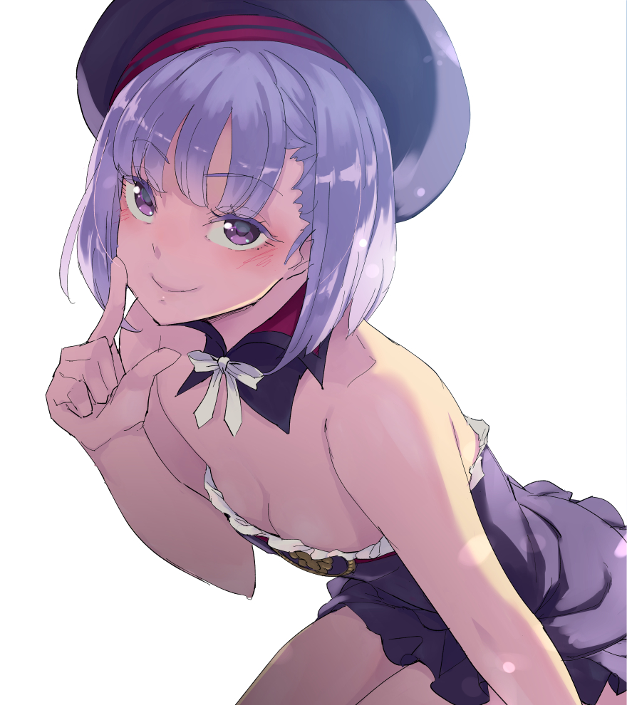 1girl bangs bare_shoulders beret black_hat black_swimsuit blunt_bangs blush breasts casual_one-piece_swimsuit cleavage closed_mouth detached_collar downblouse eyebrows_visible_through_hair fate/grand_order fate_(series) frilled_swimsuit frills hat helena_blavatsky_(swimsuit_archer)_(fate) index_finger_raised kawaty leaning_forward looking_at_viewer one-piece_swimsuit purple_hair ribbon shiny shiny_hair short_hair simple_background sitting small_breasts smile solo strapless strapless_swimsuit swimsuit violet_eyes white_background white_ribbon