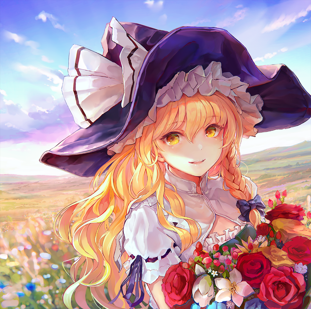 1girl bangs blonde_hair blue_sky bouquet bow braid clouds commentary_request day eyebrows_visible_through_hair flower hair_between_eyes hair_bow hat hat_bow kirisame_marisa long_hair looking_at_viewer outdoors parted_lips puffy_short_sleeves puffy_sleeves purple_bow red_flower red_rose ribbon-trimmed_sleeves ribbon_trim rose short_sleeves side_braid sky smile solo tocope touhou upper_body wavy_hair white_bow white_flower witch_hat yellow_eyes