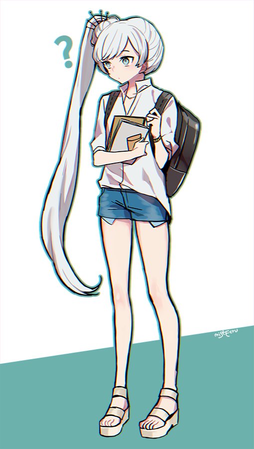 1girl ? backpack bag blue_eyes book bracelet commentary denim denim_shorts ecru jewelry rwby shirt shorts solo weiss_schnee white_hair white_shirt