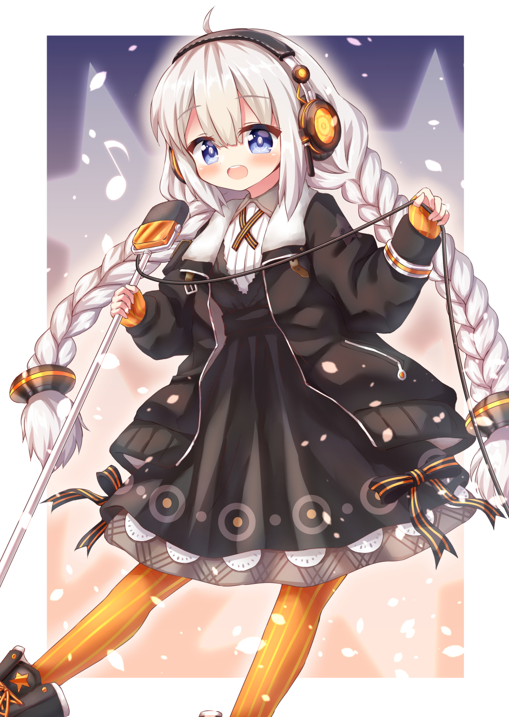 1girl :d ahoge bangs black_bow black_dress black_footwear black_jacket blue_eyes blush boots bow braid collared_dress dress eighth_note eyebrows_visible_through_hair fingerless_gloves gloves hair_between_eyes highres holding holding_microphone jacket kizuna_akari long_hair long_sleeves looking_at_viewer low_twintails microphone musical_note open_clothes open_jacket open_mouth orange_gloves orange_legwear pantyhose puffy_long_sleeves puffy_sleeves silver_hair sleeves_past_wrists smile solo star striped striped_bow striped_legwear twin_braids twintails upper_teeth vertical-striped_gloves vertical-striped_legwear vertical_stripes very_long_hair vocaloid voiceroid waste_(arkaura)