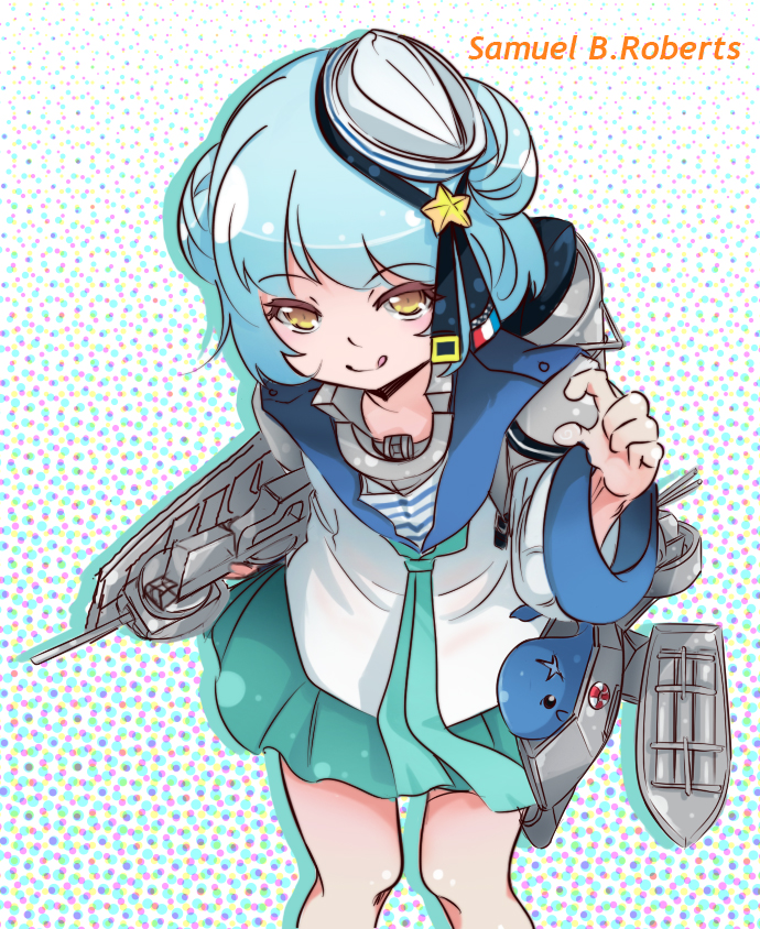 1girl animal aqua_neckwear aqua_skirt bangs blue_hair blue_sailor_collar character_name closed_mouth cowboy_shot dixie_cup_hat double_bun eyebrows eyebrows_visible_through_hair eyelashes flat_chest hat hhuy34 horizontal_stripes kantai_collection leaning leaning_forward legs_apart lifebuoy long_sleeves machinery military_hat miniskirt neckerchief pleated_skirt polka_dot polka_dot_background sailor_collar samuel_b._roberts_(kantai_collection) scar school_uniform serafuku shirt skirt smile solo standing star striped text_focus tongue tongue_out turret whale white_hat white_shirt yellow_eyes