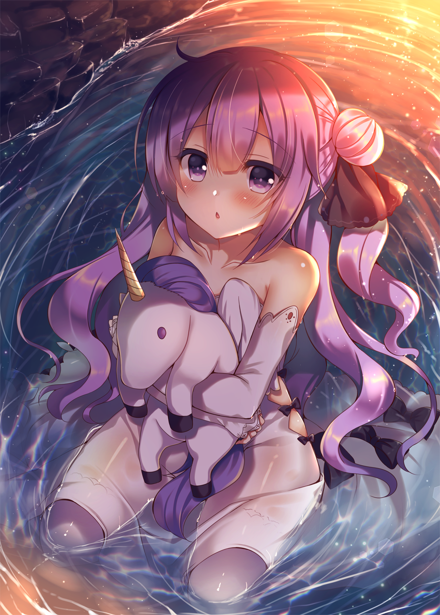 1girl ahoge azur_lane bangs bare_shoulders black_bow black_ribbon blush bow collarbone commentary_request day detached_sleeves dress eyebrows_visible_through_hair hair_between_eyes hair_bun hair_ribbon highres long_sleeves looking_at_viewer object_hug one_side_up outdoors pantyhose parted_lips ribbon side_bun sitting sleeves_past_wrists solo strapless strapless_dress stuffed_animal stuffed_pegasus stuffed_toy stuffed_unicorn suzune_rena unicorn_(azur_lane) violet_eyes wariza wet wet_hair white_background white_dress white_legwear