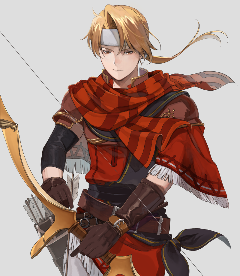 1boy arrow belt blonde_hair bow_(weapon) fire_emblem fire_emblem:_mystery_of_the_emblem fire_emblem_heroes gloves headband jeorge_(fire_emblem) kyufe long_hair low_ponytail male_focus orange_eyes quiver scarf solo weapon