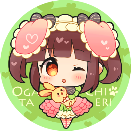 1girl ;d bangs black_bow black_neckwear blush blush_stickers bow brown_eyes brown_hair character_name chibi dress frilled_hairband green_background hair_bow heart holding holding_stuffed_animal idolmaster idolmaster_cinderella_girls idolmaster_cinderella_girls_starlight_stage kneehighs looking_at_viewer lowres miyuara multicolored multicolored_clothes multicolored_dress ogata_chieri one_eye_closed open_mouth round_image sidelocks smile solo striped striped_bow striped_legwear striped_neckwear stuffed_animal stuffed_bunny stuffed_toy twintails