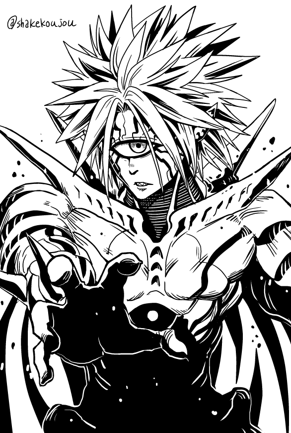 1boy alien cyclops greyscale lord_boros male_focus monochrome one-eyed one-punch_man parted_lips pointy_ears shake-o sharp_teeth solo spiky_hair teeth twitter_username upper_body