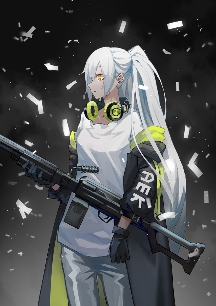 1girl aek-999 aek-999_(girls_frontline) black_gloves expressionless girls_frontline gloves gradient gradient_background grey_pants gun headphones headphones_around_neck holding holding_gun holding_weapon jacket leris_muma long_hair looking_to_the_side machine_gun pants ponytail shirt silver_hair solo very_long_hair weapon white_shirt yellow_eyes