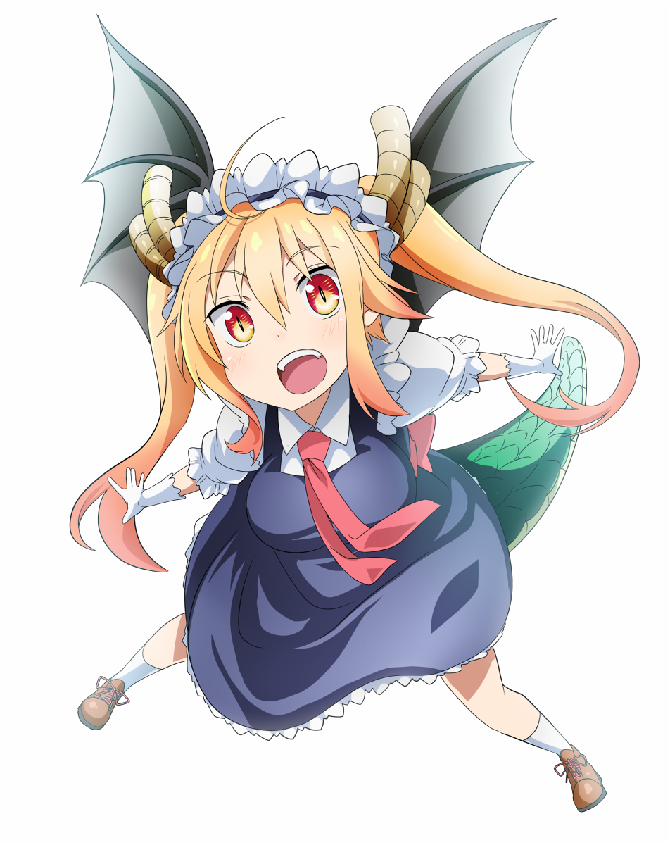 1girl bangs black_wings blonde_hair blush breasts brown_footwear collared_shirt dot_nose dragon_girl dragon_tail dragon_wings dress eyebrows eyebrows_visible_through_hair full_body gloves hair_between_eyes highres kobayashi-san_chi_no_maidragon large_breasts legs_apart long_hair maid_headdress necktie open_mouth outstretched_arms pink_neckwear purple_dress scales shirt shoelaces shoes sidelocks simple_background slit_pupils socks solo tail teeth tom_(drpow) tongue tooru_(maidragon) twintails undershirt white_background white_gloves white_legwear white_shirt wings yellow_eyes