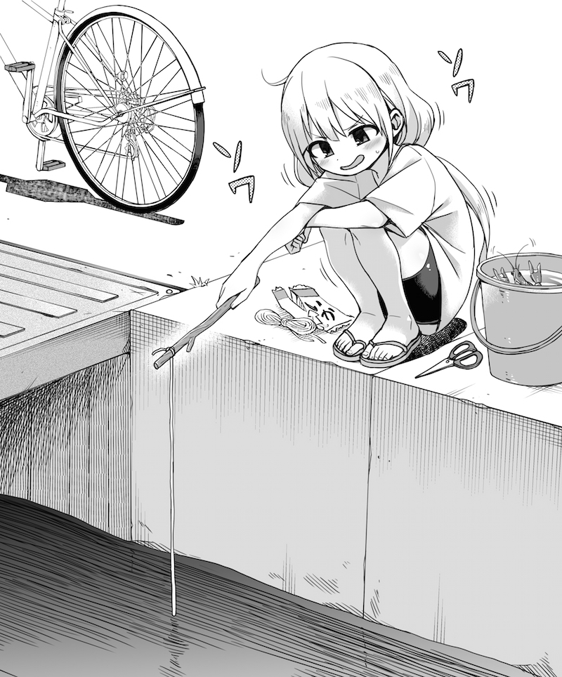 1girl :d ahoge bangs bicycle bike_shorts blush bucket commentary_request eyebrows_visible_through_hair fishing fishing_line futaba_anzu ground_vehicle holding holding_stick idolmaster idolmaster_cinderella_girls lobster long_hair low_twintails open_mouth scissors shirt short_shorts short_sleeves shorts smile solo squatting stick sweatdrop twintails very_long_hair water youtike