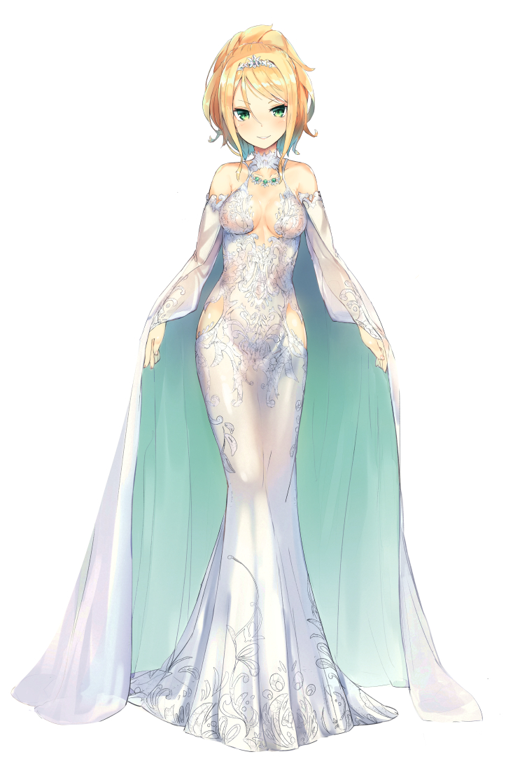 1girl arms_at_sides bare_shoulders blonde_hair blush breasts cape cleavage cleavage_cutout collarbone dress eyebrows_visible_through_hair full_body gem green_eyes hip_vent long_hair medium_breasts nanashina original ponytail shiny shiny_hair simple_background sleeveless sleeveless_dress solo standing tiara tsurime v_arms white_background white_cape white_dress