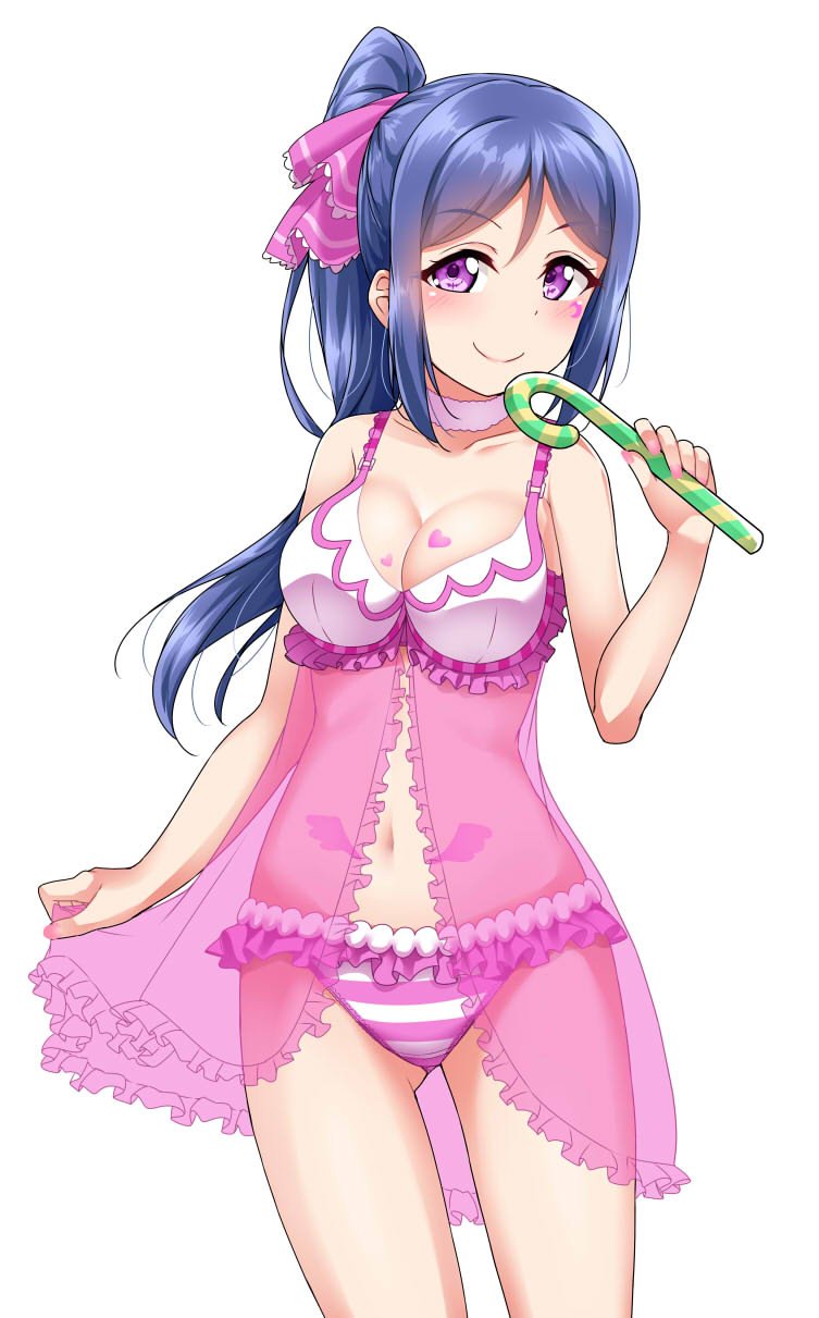 1girl babydoll blue_hair blush breasts candy candy_cane choker cleavage collarbone commentary_request crescent eyebrows_visible_through_hair facial_mark food frilled_babydoll frilled_panties frills hair_ornament heart highres holding holding_candy_cane lingerie long_ponytail looking_at_viewer love_live! love_live!_sunshine!! matsuura_kanan medium_breasts nail_polish navel panties pink_babydoll pink_nails simple_background skirt_hold smile solo stomach_tattoo striped striped_panties underwear violet_eyes white_background wing_tattoo yopparai_oni