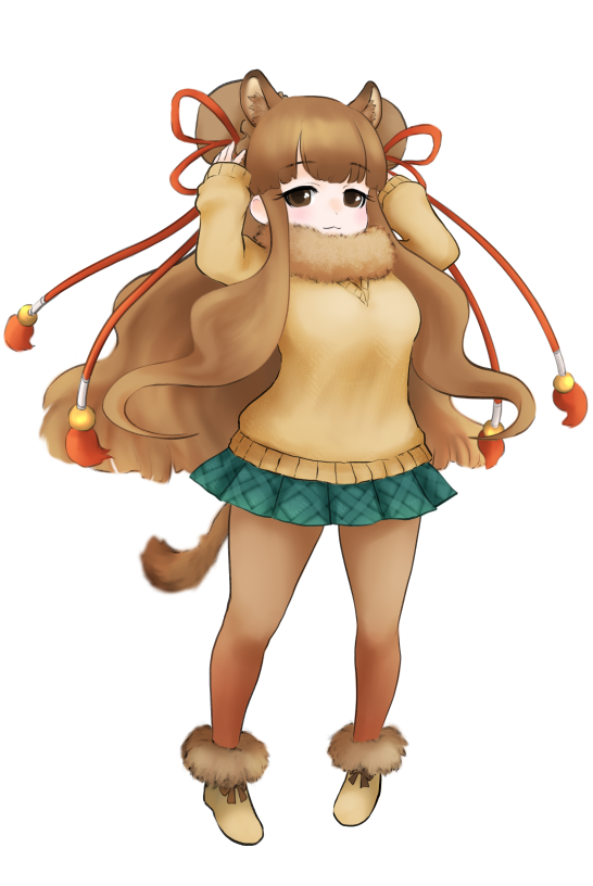 1girl animal_ears bactrian_camel_(kemono_friends) brown_hair camel_ears camel_tail double_bun fur_trim ise_(0425) kemono_friends long_hair pleated_skirt skirt solo tail thigh-highs white_background
