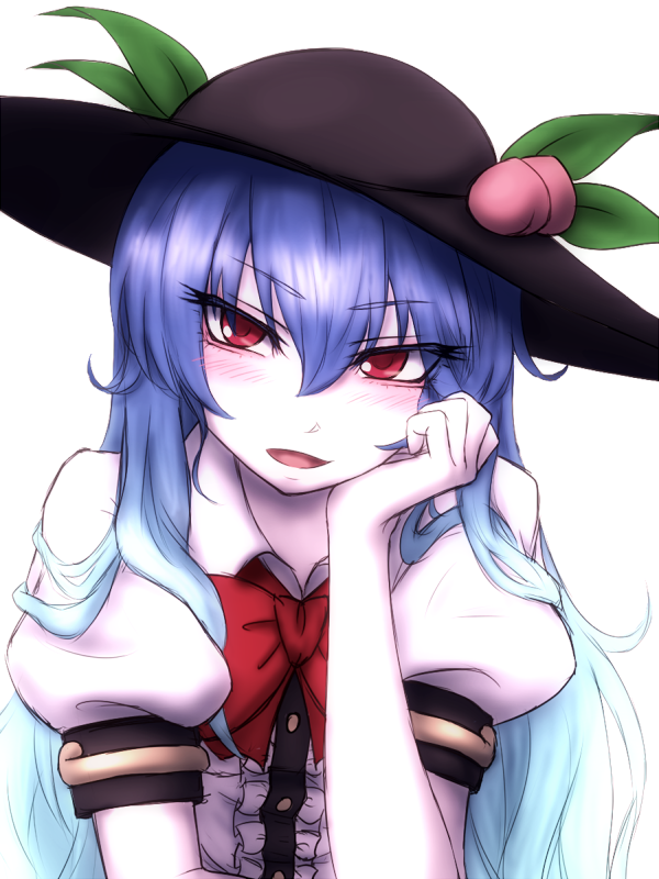 1girl black_hat blouse blue_hair blush bow chin_rest commentary_request eyebrows_visible_through_hair food frilled_blouse fruit hair_between_eyes hand_up hat head_tilt hinanawi_tenshi leaf long_hair looking_at_viewer miata_(miata8674) neck_bow open_mouth peach puffy_short_sleeves puffy_sleeves red_bow red_eyes red_neckwear short_sleeves simple_background smile solo touhou v-shaped_eyebrows white_background white_blouse wing_collar