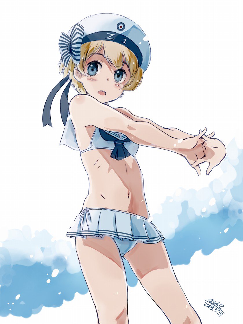 1girl 4suke alternate_hair_color artist_name bangs bare_arms bare_shoulders bikini bikini_skirt black_ribbon blonde_hair blue_eyes blue_neckwear blush bow breasts cowboy_shot dated eyebrows eyebrows_visible_through_hair groin hat hat_bow hat_ribbon horizontal_stripes kantai_collection legs_apart midriff miniskirt navel neckerchief open_mouth outstretched_arms pleated_skirt ribbon ribs sailor_bikini sailor_collar sailor_hat short_hair side-tie_bikini skirt small_breasts solo standing stomach striped striped_bow swimsuit white_bikini white_hat white_sailor_collar white_skirt z1_leberecht_maass_(kantai_collection)