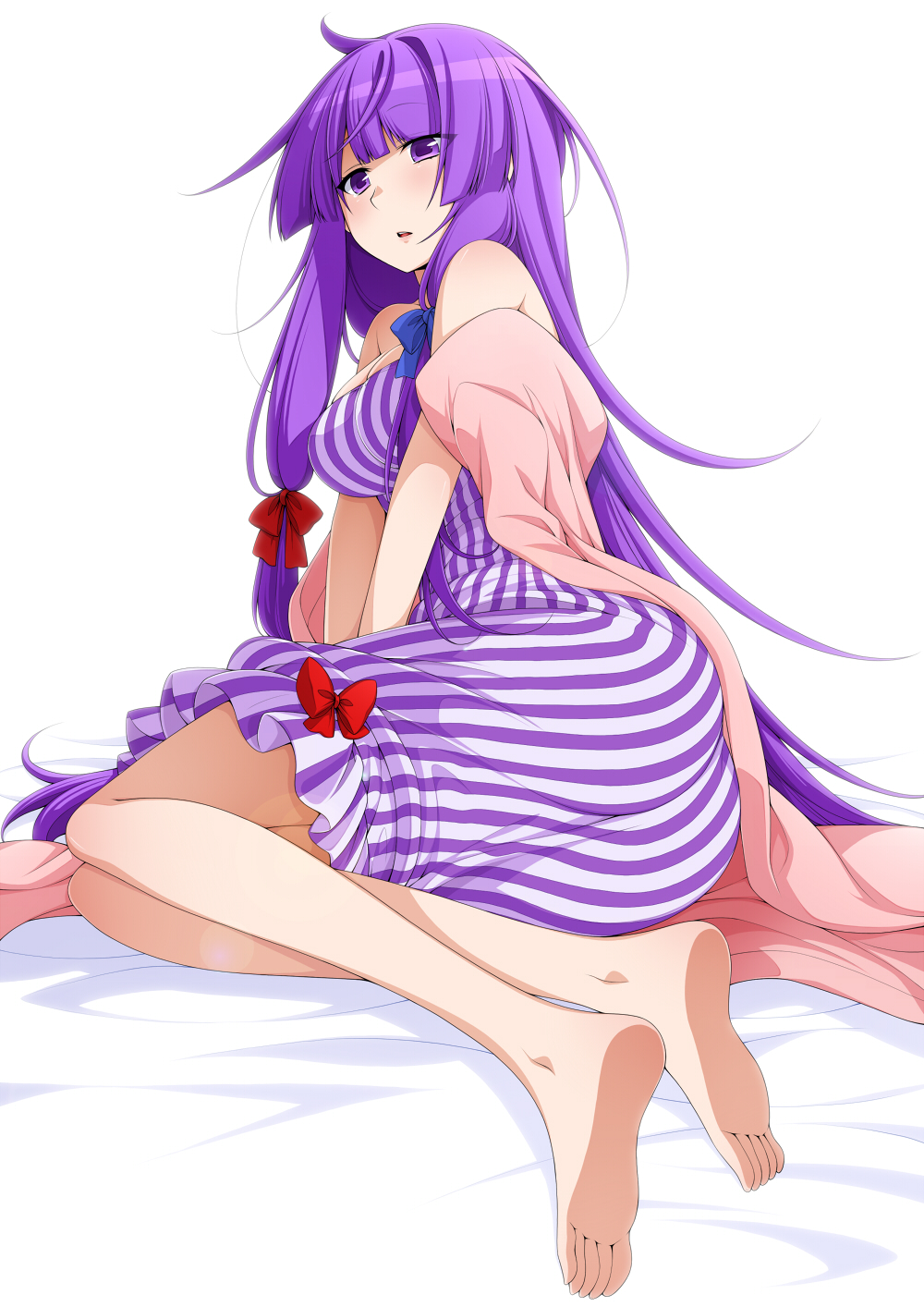 1girl ass bangs bare_shoulders barefoot blue_bow blunt_bangs blush bow breasts commentary_request dress eichi_yuu eyebrows_visible_through_hair full_body hair_bow highres large_breasts long_hair looking_at_viewer no_hat no_headwear off_shoulder parted_lips patchouli_knowledge purple_dress purple_hair red_bow sidelocks sitting solo strapless strapless_dress striped touhou vertical-striped_dress vertical_stripes very_long_hair violet_eyes