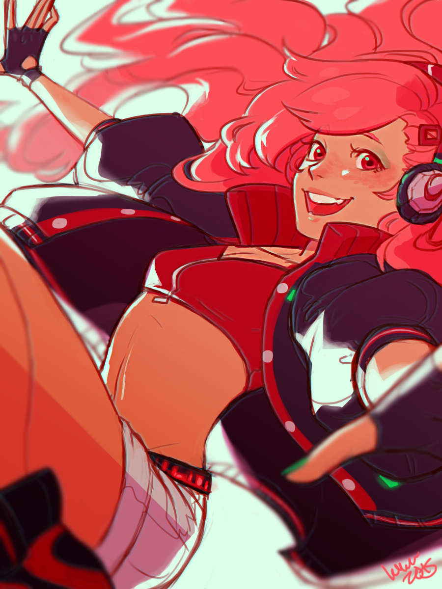 1girl belt black_gloves black_jacket commentary crop_top curly_hair fingerless_gloves gloves green_nails headphones highres jacket kitkaloid long_hair looking_at_viewer nail_polish red_eyes redhead ruby_(vocaloid) shoes shorts smile sneakers solo tan track_jacket vocaloid white_shorts