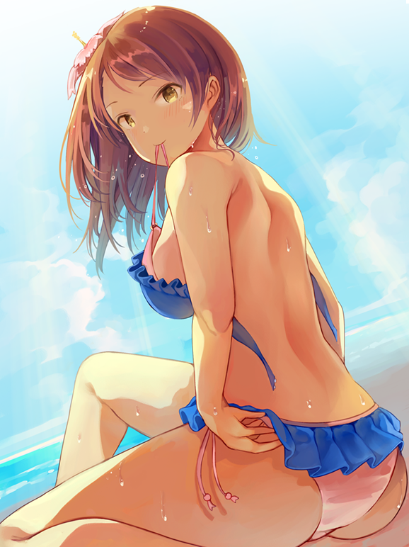 1girl ass beach bikini blue_bikini blush breasts brown_eyes commentary_request dutch_angle flower hair_flower hair_ornament heri houjou_karen idolmaster idolmaster_cinderella_girls long_hair looking_at_viewer medium_breasts mouth_hold ocean orange_hair pink_bikini shore smile solo swimsuit wet