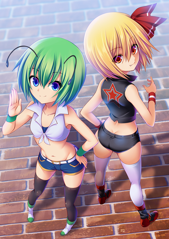 2girls antennae ass bangs bare_shoulders belt belt_buckle black_legwear black_shorts black_vest blonde_hair blue_eyes blue_shorts blush boots buckle butt_crack closed_mouth collarbone crop_top day fang fang_out from_above front-tie_top full_body green_hair groin hair_between_eyes hair_ribbon hand_on_hip hand_up hijikawa_arashi knee_boots legs_apart multiple_girls navel red_eyes red_footwear red_ribbon ribbon rumia shadow short_hair short_shorts shorts smile standing star star_print stomach sweatband thigh-highs touhou vest white_legwear wriggle_nightbug