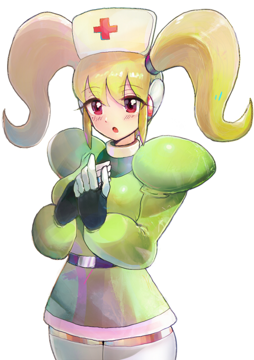1girl anna_(rockman_zx) bangs belt blonde_hair blush breasts byte_(grunty-hag1) commentary_request cowboy_shot eyebrows_visible_through_hair gloves hand_on_own_chest hands_together hat large_breasts long_eyelashes long_hair nurse nurse_cap open_mouth puffy_sleeves robot_ears rockman rockman_zx rockman_zx_advent sidelocks skirt solo thigh-highs twintails white_background zettai_ryouiki