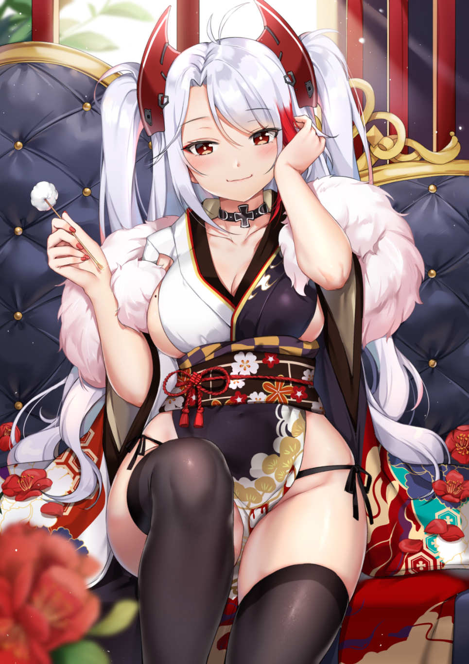 1girl adjusting_hair antenna_hair arm_up azur_lane bangs between_legs black_choker black_kimono black_legwear black_panties blurry_foreground blush breasts choker cleavage closed_mouth collarbone cotton_swab couch eyebrows_visible_through_hair feet_out_of_frame floral_print flower groin headgear highres indoors iron_cross japanese_clothes kimono knee_up large_breasts long_hair looking_at_viewer mamemena mimikaki mole mole_on_breast multicolored_hair nail_polish obi on_couch panties pelvic_curtain petals prinz_eugen_(azur_lane) red_eyes red_flower red_nails red_ribbon redhead ribbon sash shawl side-tie_panties sideboob silver_hair sitting smile solo streaked_hair swept_bangs tassel thigh-highs two_side_up underwear very_long_hair