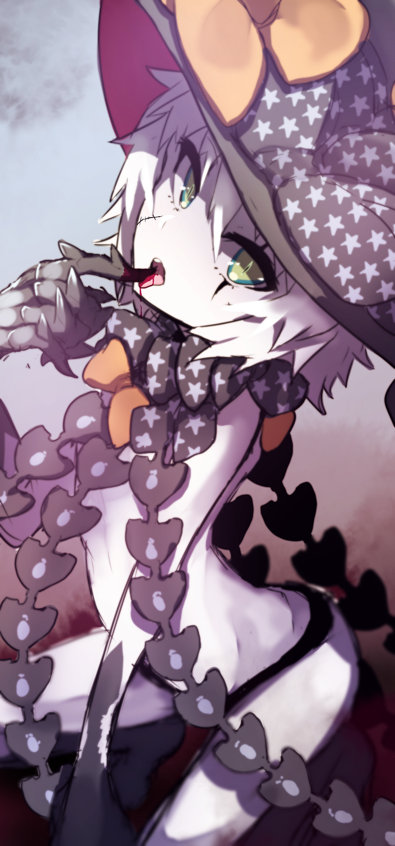 1girl abigail_williams_(fate/grand_order) abigail_williams_(fate/grand_order)_(cosplay) bangs black_bow black_hat black_panties blood bloody_hands bow cosplay facial_scar fate/grand_order fate_(series) finger_to_tongue green_eyes hair_between_eyes hat hat_bow highres jack_the_ripper_(fate/apocrypha) looking_at_viewer orange_bow pale_skin panties parted_bangs print_bow revealing_clothes scar scar_across_eye scar_on_cheek sidelocks sketch solo star star_print tongue tongue_out topless underwear wada_kazu white_hair witch_hat