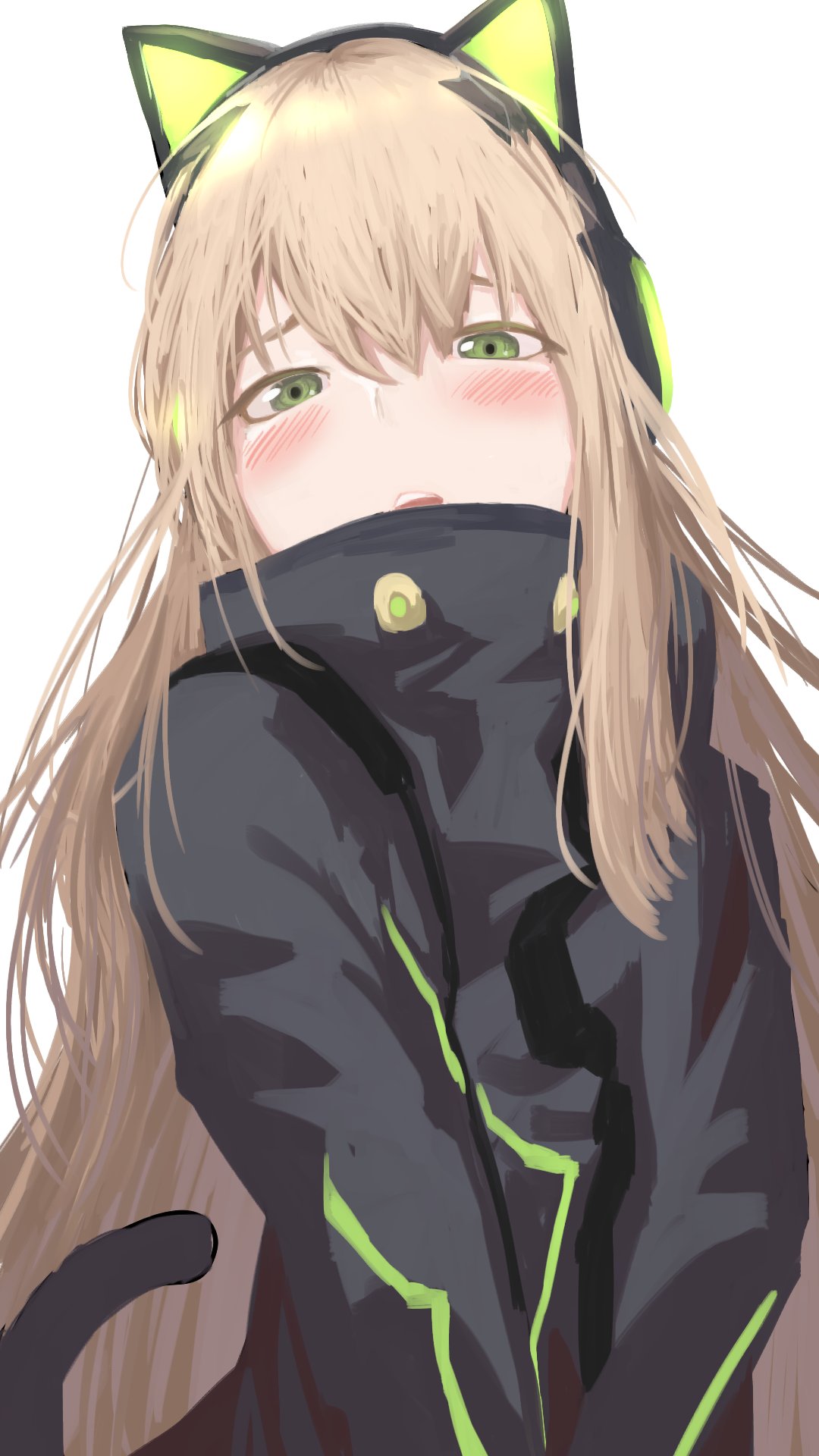 1girl animal_ears bangs blonde_hair blush cat_ear_headphones cat_ears cat_tail close-up coat girls_frontline green_eyes hair_between_eyes headphones highres long_hair looking_at_viewer open_mouth sd_bigpie sidelocks simple_background solo tail tmp_(girls_frontline) upper_body very_long_hair white_background