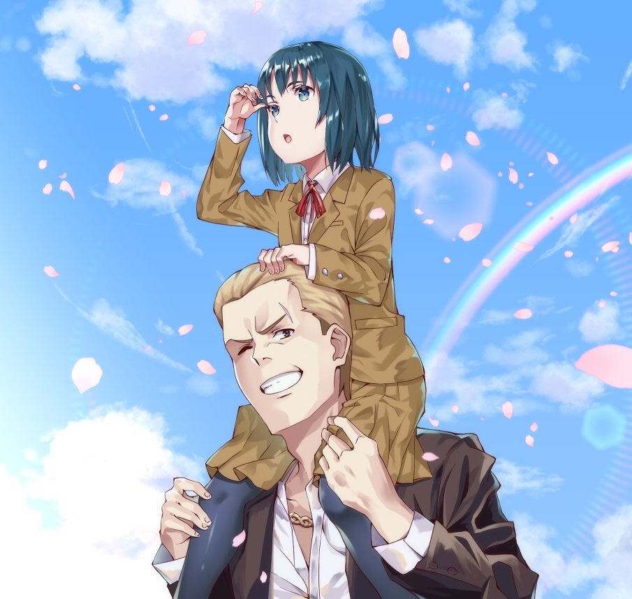 1boy 1girl black_legwear blonde_hair blue_eyes blue_hair blue_sky brown_skirt carrying day formal hina_(hinamatsuri) hinamatsuri_(manga) jewelry looking_afar looking_at_viewer necklace nitta_yoshifumi outdoors parted_lips petals piggyback rainbow school_uniform short_hair skirt sky smile suit wakegi9315