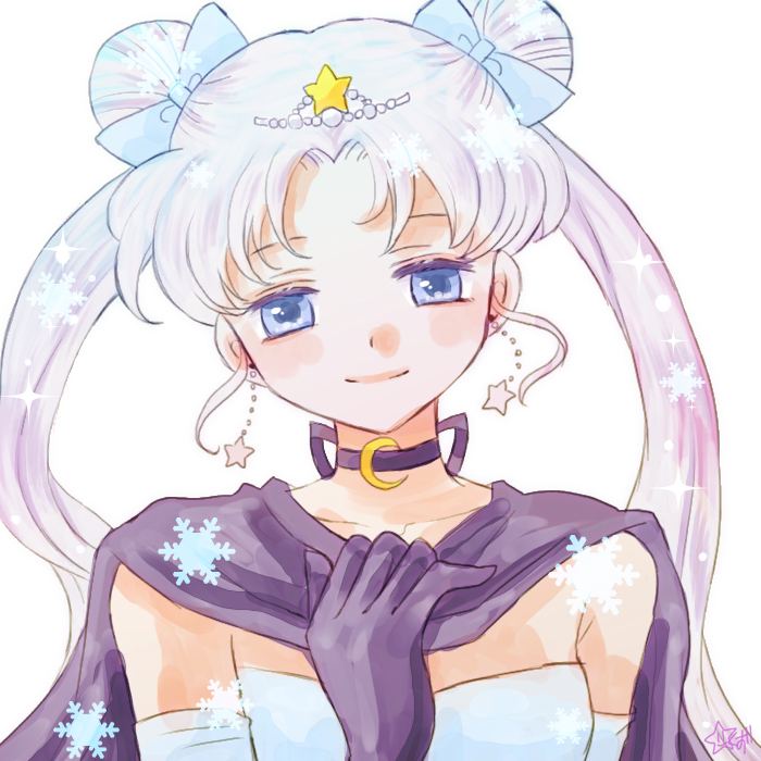 1girl bishoujo_senshi_sailor_moon black_cape black_gloves black_neckwear blue_bow blue_eyes bow cape choker closed_mouth double_bun earrings gloves hair_bow jewelry kurokuzu_(milkyway792) long_hair looking_at_viewer simple_background smile snowflakes solo star star_earrings tsukino_usagi twintails white_background white_hair