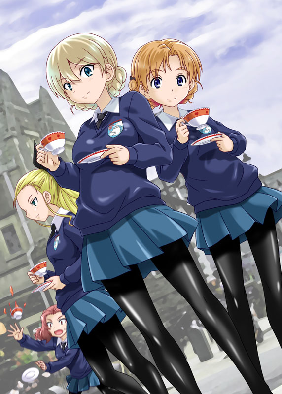 4girls assam bangs black_bow black_legwear black_neckwear blonde_hair blue_eyes blue_skirt blue_sweater blurry blurry_background blush bow braid building closed_mouth clouds cloudy_sky commentary_request cup darjeeling dress_shirt dropping dutch_angle emblem falling girls_und_panzer hair_bow hair_pulled_back hair_ribbon light_smile long_hair long_sleeves looking_at_viewer miniskirt muichimon multiple_girls necktie open_mouth orange_hair orange_pekoe pantyhose parted_bangs pleated_skirt redhead ribbon rosehip saucer school_uniform shirt short_hair skirt sky spilling st._gloriana's_(emblem) st._gloriana's_school_uniform standing sweatdrop sweater tea teacup tied_hair twin_braids v-neck v-shaped_eyebrows white_shirt wing_collar