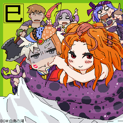 2boys 3girls angry artist_request axe bandanna blue_hair blush bow_(weapon) brown_hair cape cheek_poking commentary_request constriction final_fantasy final_fantasy_ii frioniel green_background guy_(ff2) heart heart_tail lamia leila long_hair looking_at_viewer lowres maria_(ff2) monster_girl multiple_boys multiple_girls no_pupils o_o open_mouth orange_hair original pointing poking purple_hair reila smile tail translation_request v weapon white_hair