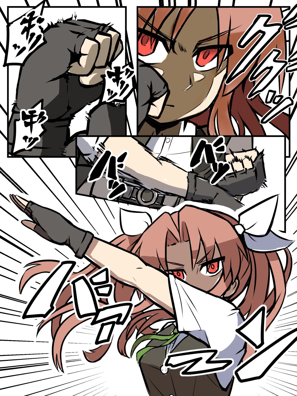 1girl arm_up belt black_gloves black_vest breasts brown_hair collared_shirt commentary_request fingerless_gloves futomashio gloves green_ribbon hair_ribbon highres kagerou_(kantai_collection) kamen_rider kamen_rider_black_(series) kantai_collection long_hair neck_ribbon pose remodel_(kantai_collection) ribbon shaded_face shirt short_sleeves twintails upper_body v-shaped_eyebrows vest white_ribbon white_shirt