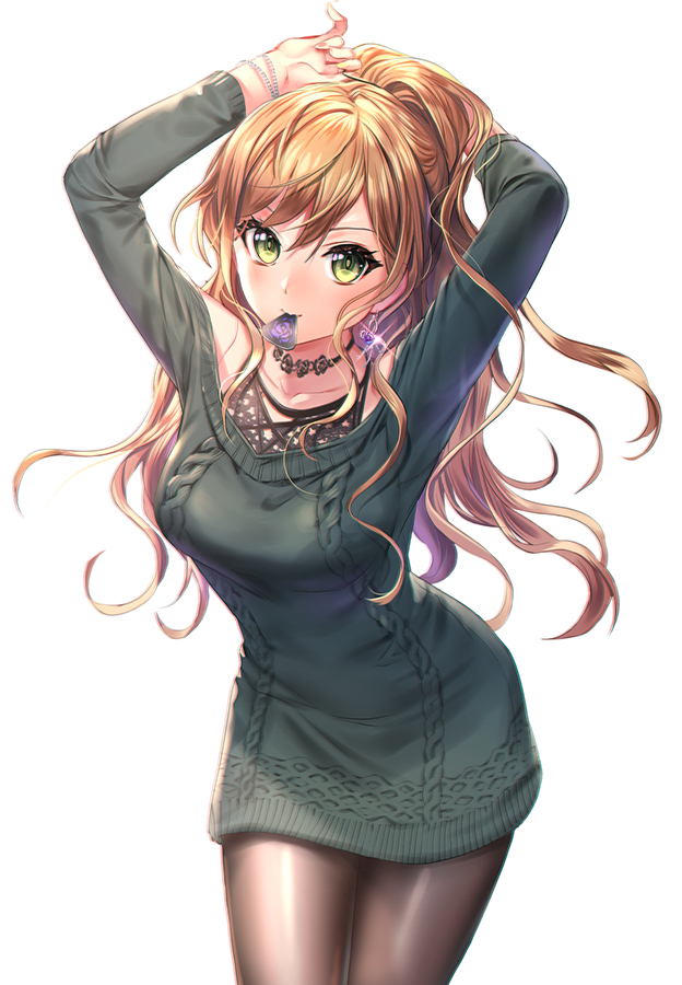 1girl arms_up bang_dream! bangs black_choker black_legwear bracelet breasts brown_hair choker cowboy_shot dress earrings esphy floral_print glint green_eyes green_sweater half_updo imai_lisa jewelry lace_trim long_hair long_sleeves looking_at_viewer mouth_hold off-shoulder_sweater pantyhose plectrum simple_background solo sweater sweater_dress tying_hair white_background