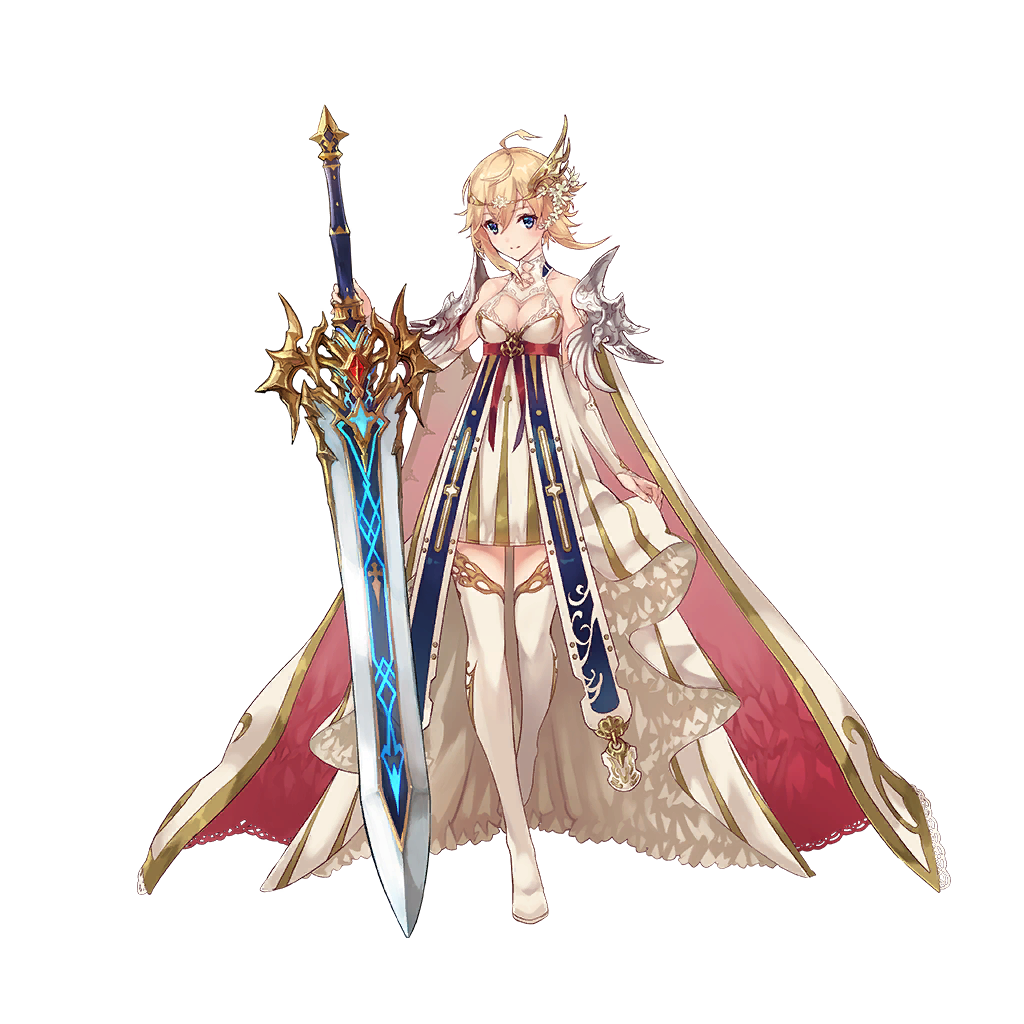 ahoge bare_shoulders blonde_hair boots breasts cape cleavage cleavage_cutout dare_ga_tame_no_alchemist dress elbow_gloves fingerless_gloves flower formal gloves greatsword hair_flower hair_ornament huge_weapon kanon_(dare_ga_tame_no_alchemist) medium_breasts official_art ornate_weapon rinzo short_hair shoulder shoulder_armor sword thigh-highs thigh_boots weapon