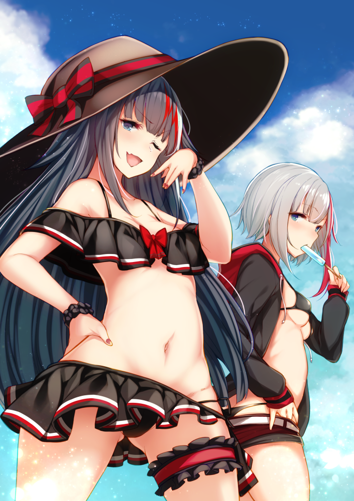 2girls ;d admiral_graf_spee_(azur_lane) arm_up ass_visible_through_thighs azur_lane bare_shoulders belt bikini bikini_skirt bikini_under_clothes black_bikini black_hair black_hoodie black_shorts blue_eyes blue_sky blush bow breasts cleavage clouds collarbone cowboy_shot day deutschland_(azur_lane) drawstring eating eyebrows_visible_through_hair food frills hand_on_hip hand_up hat hat_bow holding holding_food hood hood_down hoodie leg_garter legs_apart long_sleeves looking_at_viewer medium_breasts multicolored_hair multiple_girls nail_polish navel one_eye_closed open_clothes open_hoodie open_mouth popsicle pulled_by_self red_bow red_nails redhead scrunchie short_shorts shorts shorts_pull silver_hair sky sleeves_past_wrists small_breasts smile standing stomach streaked_hair sun_hat swimsuit tobimura under_boob v-shaped_eyebrows white_hair wrist_scrunchie